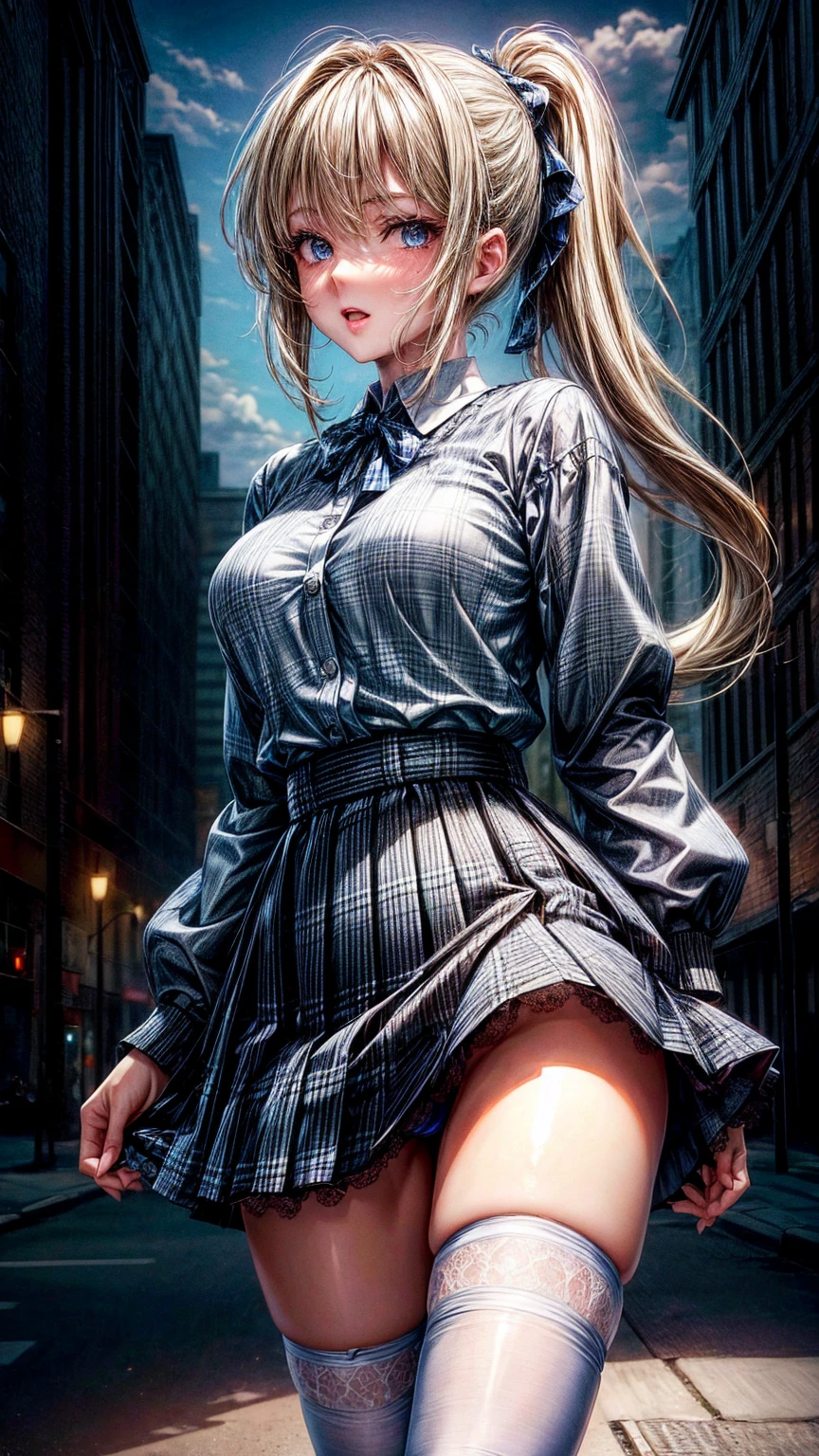 1girl,masterpiece,best quality,blonde hair,(ponytails),blue eyes,(white stockings),(purple plaid skirt),short skirt,standing,in full length,medium breasts,white t shirt,in front of streets,extremely detailed,[[realistic]],beautiful alluring anime teen,seductive anime girl,waving skirt