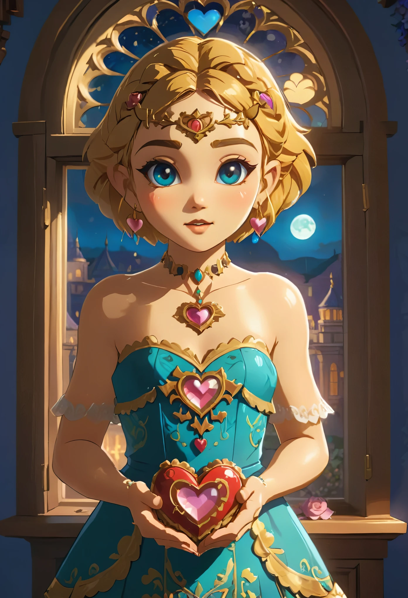 1girl like totkzelda, zonai dress, beautiful_face, blush, short hair, (holding big ornate heart-shaped creamy cookie:1.2), ((moonlight)) shines through ornate window behind, soft shadows, exquisite makeup, warm atmosphere, intricate design, bright colors, masterpiece in maximum 16K resolution, best quality, ultra detailed, aesthetics, absurdes.
