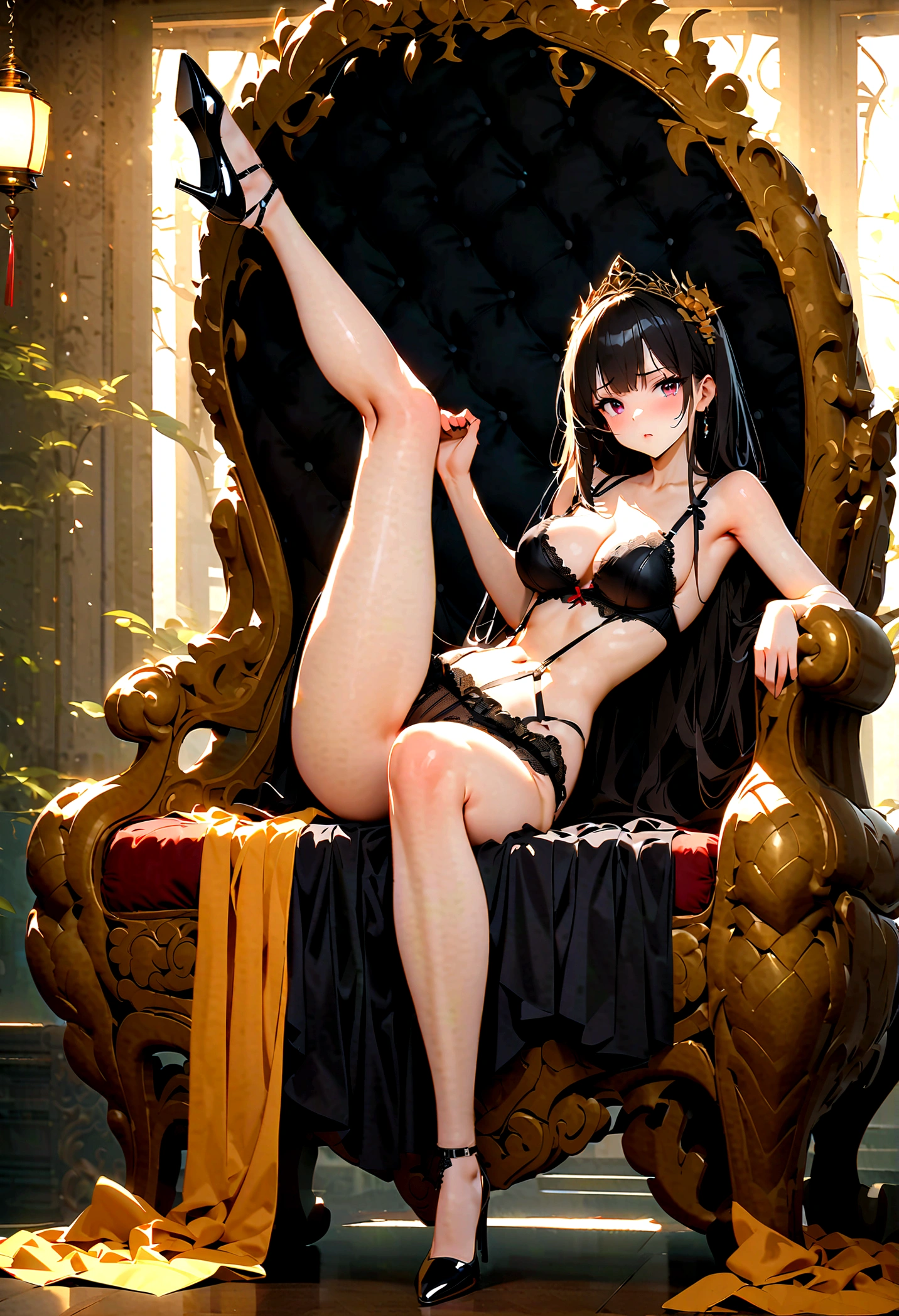 Douluo Continent 4 Ultimate Douluo Golden Dragon Princess，Lace hollow transparent suspenders pure black y lingerie high heels，Legs split left and right，Chinese style，Facial Dessatisfied，Sitting with the body in a &quot;big&quot; shape，Full body front view，Costume Golden Dragon Princess，Black lace long sexy linge，Anime Princess Costume