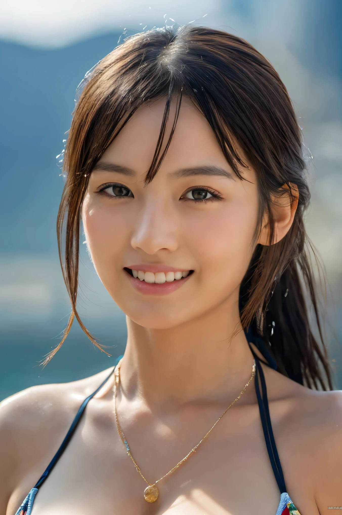 (masutepiece:1.3), (8K, Photorealistic, Raw photo, Best Quality: 1.4), Japanese, (1girl in), Beautiful face, (Realistic face), (Black hair), Beautiful hairstyle, Realistic eyes, Beautiful detailed eyes, (Realistic skin), Beautiful skin, Attractive, 超A high resolution, A hyper-realistic, Highly detailed, Golden ratio,. (3 Gills:1.5), (Sony Alpha 1, 50.1 megapixel full-frame CMOS sensor, 8K video recording function), (telephoto lens), (Realistic),(8K, 超A high resolution, Best Quality, masutepiece:1.2),Ultra-detailed,beautifull detailed face, FULL ANATOMY,(Beautiful detailed eyes:1.3),Smile,extremely delicate and beautiful, Extremely detailed, nffsw, Unity, 8K Wallpaper, amazing, finely detail, Ultra-detailed, High resolution, Extremely detailed, extremely detailed eye and face,Wet, ((Luxury Hotels:1.1)),((Colorful micro bikini:1.1)), [Ponytail],(huge-breasted, cleavage:1.3),