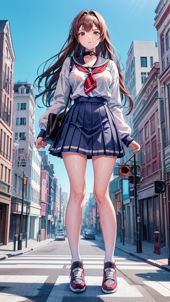 masterpiece　　Unreal Engine　Anime Style　Delicate painting　4K　90's　giant　Multiple Girls　crowd　School building 　City　　School buildingの谷間に立っている巨大な女子高生　school uniform　Sailor suit　skirt　Black Hair　　smile　female giant giant girl Whole body 　 Destroyed skyscrapers Destroyed cars Crowd Unreal Engine,cleavage ,a drawing of a , earrings, long hair, 1980s (style) Cute picture　Beauty　Analog style　whole body　sneakers　