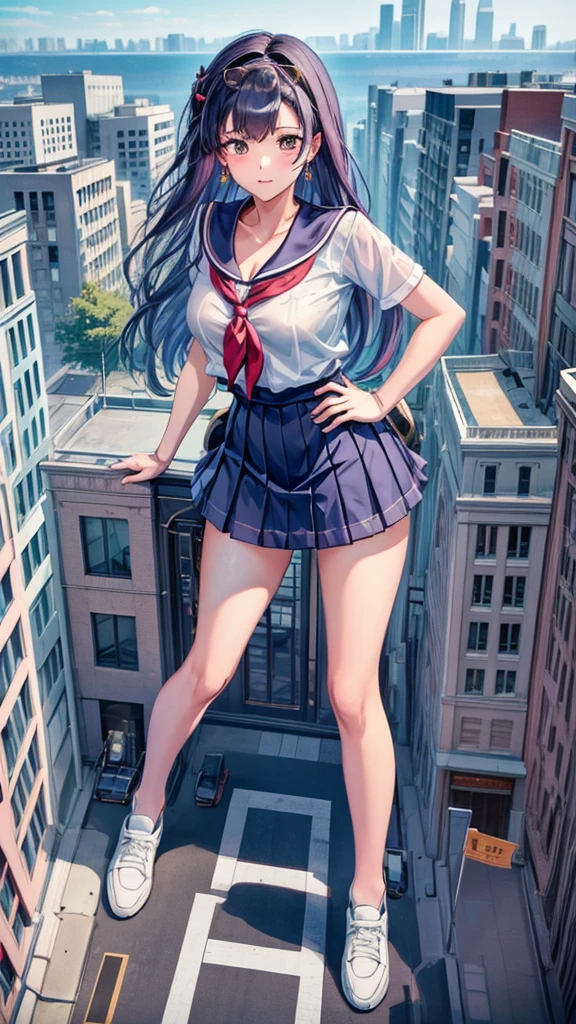 masterpiece　　Unreal Engine　Anime Style　Delicate painting　4K　90's　giant　Multiple Girls　crowd　School building 　City　　School buildingの谷間に立っている巨大な女子高生　school uniform　Sailor suit　skirt　Black Hair　　smile　female giant giant girl Whole body 　 Destroyed skyscrapers Destroyed cars Crowd Unreal Engine,cleavage ,a drawing of a , earrings, long hair, 1980s (style) Cute picture　Beauty　Analog style　whole body　sneakers　