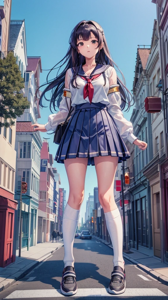 masterpiece Unreal Engine Anime Style Delicate painting 4K 90's giant Multiple Girls crowd School building City School buildingの谷間に立っている巨大な女子高生 school uniform Sailor suit skirt Black Hair smile female giant giant girl Whole body Destroyed skyscrapers Destroyed cars Crowd Unreal Engine,cleavage ,a drawing of a , earrings, long hair, 1980s (style) Cute picture Beauty Analog style whole body sneakers