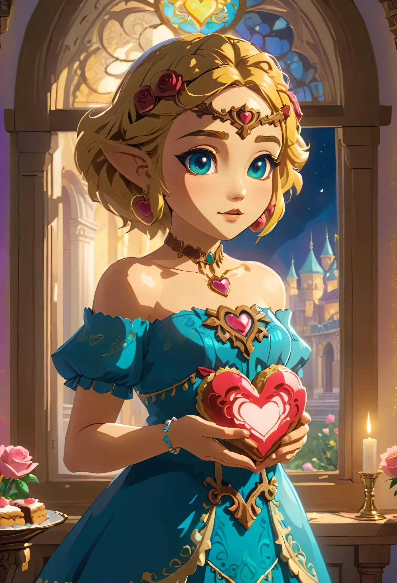 1girl like totkzelda, zonai dress, beautiful_face, blush, short hair, (holding big ornate heart-shaped creamy cookie:1.2), ((moonlight)) shines through ornate window behind with (intricate architecture:1.2), roses, soft shadows, exquisite makeup, warm atmosphere, intricate design, bright colors, masterpiece in maximum 16K resolution, best quality, ultra detailed, aesthetics, absurdes.