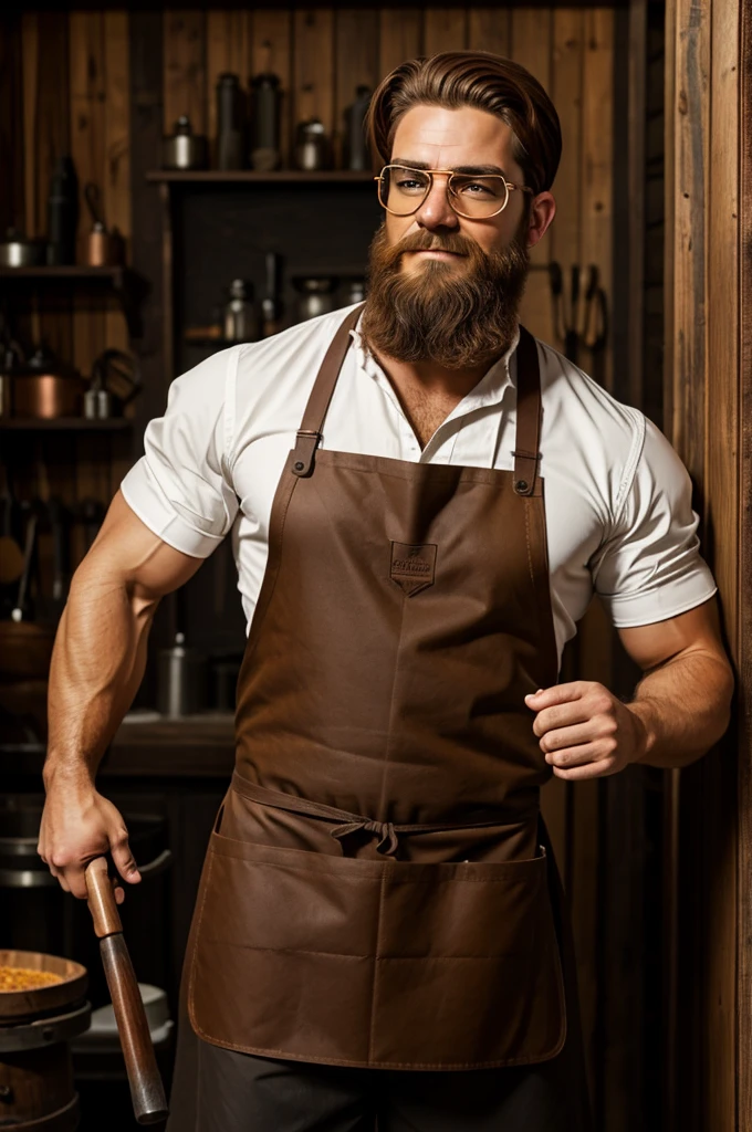 characature muscular Man with, Short dark blond hair, He would have a amish style beard that would be a dark blond colour. Copper Toned Goggles with dark Lenses on top his head. Dressed brown blacksmith apron, wearing white