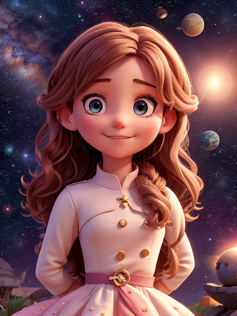 high detail, super detail, super high resolution, girl enjoying her time in the galaxy of dreams, surrounded by stars, a warm light sprinkled on her, The background is a starry sky with colorful galaxies and galaxy clouds., stars flying around, delicate face, adding a playful atmosphere , --v6