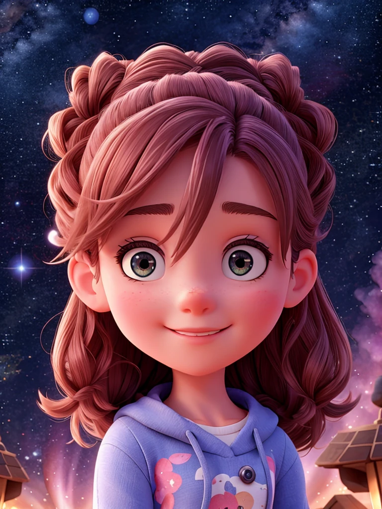 high detail, super detail, super high resolution, girl enjoying her time in the galaxy of dreams, surrounded by stars, a warm light sprinkled on her, The background is a starry sky with colorful galaxies and galaxy clouds., stars flying around, delicate face, adding a playful atmosphere , --v6