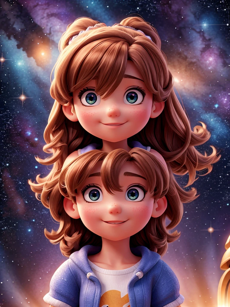 high detail, super detail, super high resolution, girl enjoying her time in the galaxy of dreams, surrounded by stars, a warm light sprinkled on her, The background is a starry sky with colorful galaxies and galaxy clouds., stars flying around, delicate face, adding a playful atmosphere , --v6