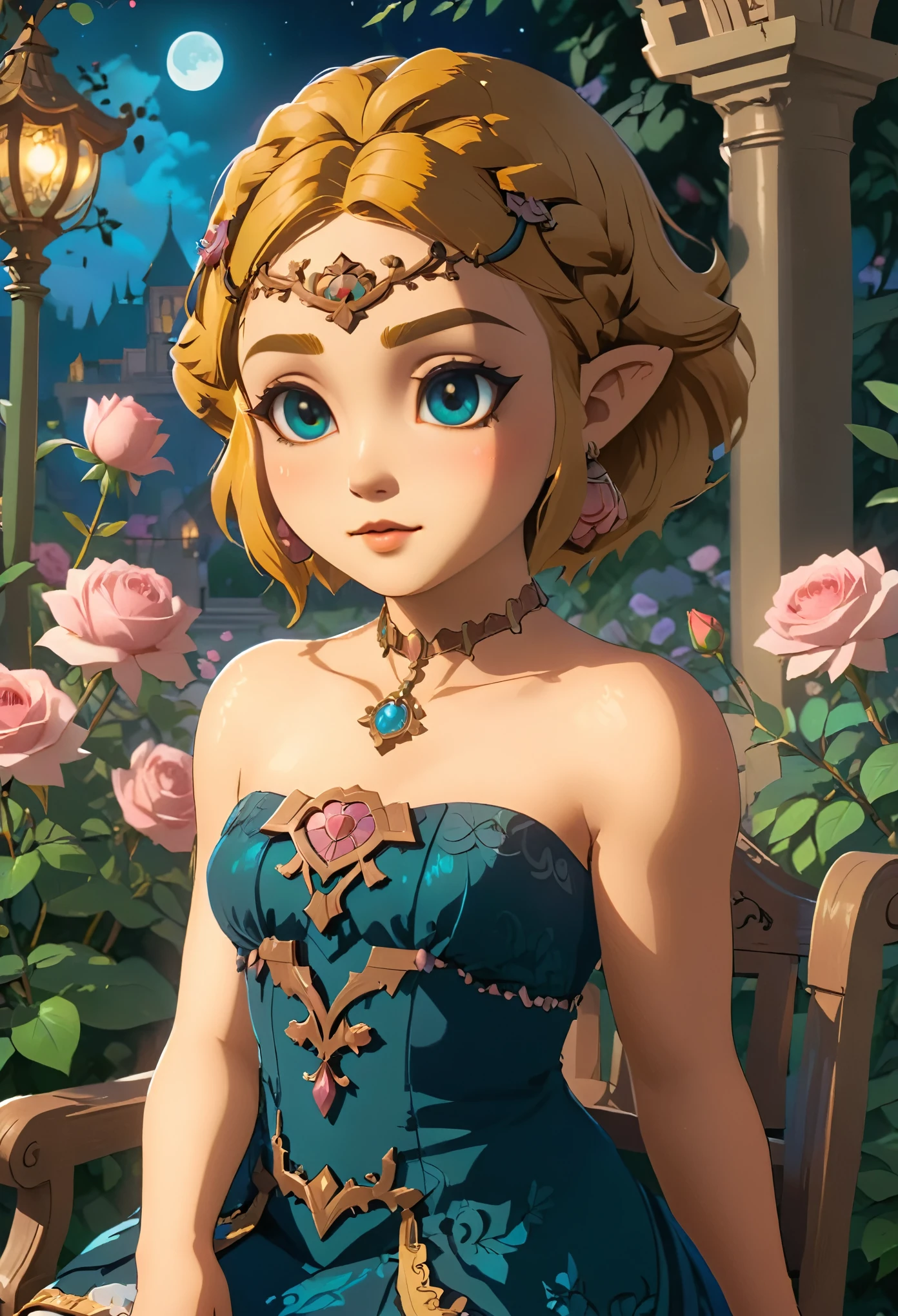 1girl like totkzelda, zonai dress, beautiful_face, blush, short hair, (sitting on ornate bench:1.2), ((moonlit garden)), (intricate architecture:1.2), roses, soft shadows, exquisite makeup, warm atmosphere, intricate design, bright colors, masterpiece in maximum 16K resolution, best quality, ultra detailed, aesthetics, absurdes.