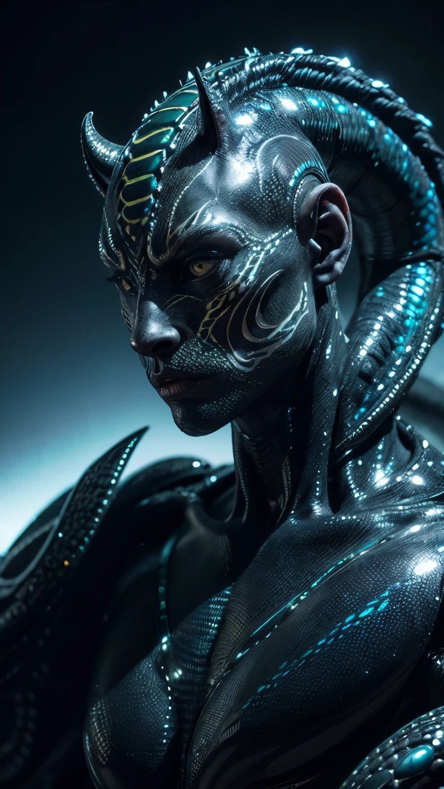 Full length portrait: Alien creature jaguar, snake, Dragon in humanoid form, with opalescent skin and iridescent scales, masterpiece, absolutely perfect, stunning image, visually rich, intricately detailed, concept art, by Mschiffer, resplendent, cinematic, background UHD screen, 3d, octane render, volumetric lights