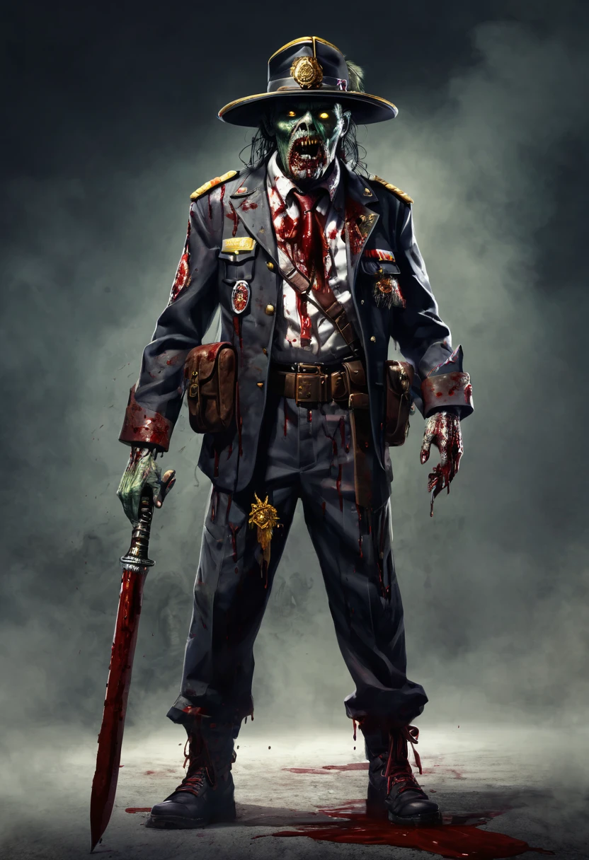 Chief zombie, villain, chief uniform with hat, blood in mouth, grip long weapon in right hand , full body,