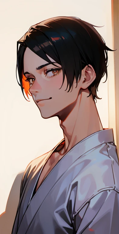 (((1boy))), ((Toned)), Male Focus, masutepiece, High quality, (masutepiece:1.2), (Best Quality:1.2), shiny, Realistic, ornate, intricate skin, ((Black hair)), (Short hair), Brown eyes, hair_stick, Hot_Boy, Japanese_Clothes, Solo, base of ear, sad eyes, looking at the horizon, Constricted pupils, Dynamic Pose, (shadows cast over face:1.3), Sexy smile, ,Bora hairstyle