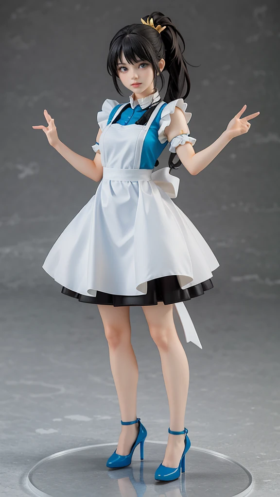 A realistic, high-detailed, full-body render of an anime-style girl in a vibrant blue and white maid outfit with gold accents. She has long black hair tied in a high ponytail, expressive blue eyes, and a cheerful expression. The outfit includes a short-sleeved top with ruffles, a layered skirt with an apron, and matching blue heels. The background is a neutral, slightly textured grey.