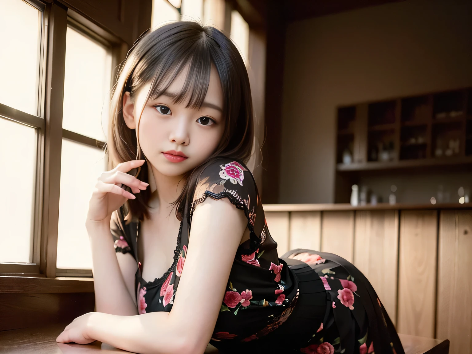 (Highest quality, masterpiece, Ultra-high resolution, 8K, RAW Photos, Realistic, Anatomically correct:1.5), 20-year-old girl:1.2, Embarrassing, avert your eyes, blush:1.0, View Viewer, ((bar)) 、Large windows、Night view、 Light:1.2, Bokeh, Cinema Lighting:1.0, Depth of written boundary, sharp、 Cute face、Idol、Wine colored short sleeve lace top、Black pleated skirt、Shiny wine-colored clothing、”dwarf”、(Floral clothes)、(Full Body Shot)、Side angle、Cowboy Shot、 smile、((Ultra short hair、Berry Short))、(Straight bangs)、((See-through))、(( One Girl))、Waist、I can see your thighs、