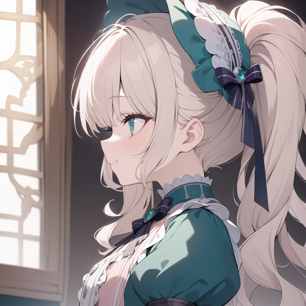 Platinum Blonde hair,curls,((emerald green eyes)),long eyelashes,((light pink victorian dress)),puffy short sleeves,frilled dress,((wide brimmed Bonnet with bows)),bustshot,masterpiece,highress,soft smile,bishoujo,peterpan collar,profile,white accents,white trim,white frills,curly side ponytail,solo