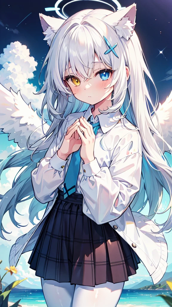 White hair,Long hair,Cat ear,Heterochromia blue-yellow,female face,There are bright spots in the eyes,Female hands,White little hands,Normal fingers,flat chest,Solitary,blue halo,On an island in the sky,Day and night mix,Angel Wings,White pantyhose,moon,Hands together