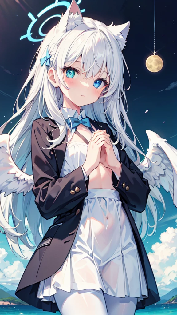 White hair，Long hair，Cat ear，Heterochromia blue-yellow，female face，There are bright spots in the eyes，Female hands，White little hands，Normal fingers，flat chest，Solitary，blue halo，On an island in the sky，Day and night mix，Angel Wings，White pantyhose，moon，Hands together