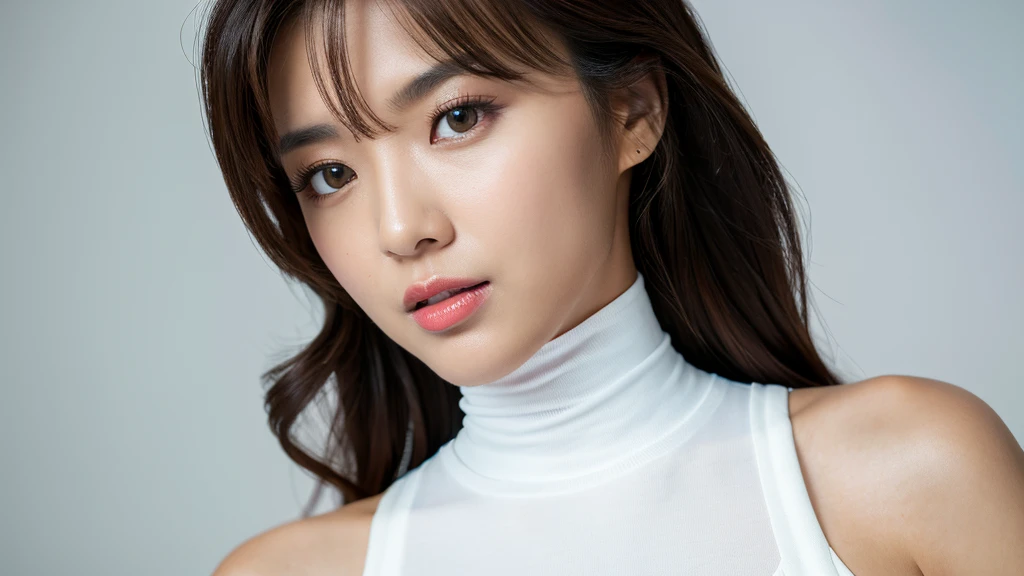 (Detailed face),(vivid),White sleeveless top and turtleneck,4K,Ultra-high resolution,（Photorealistic：1.7）,Black long hair,White Background,