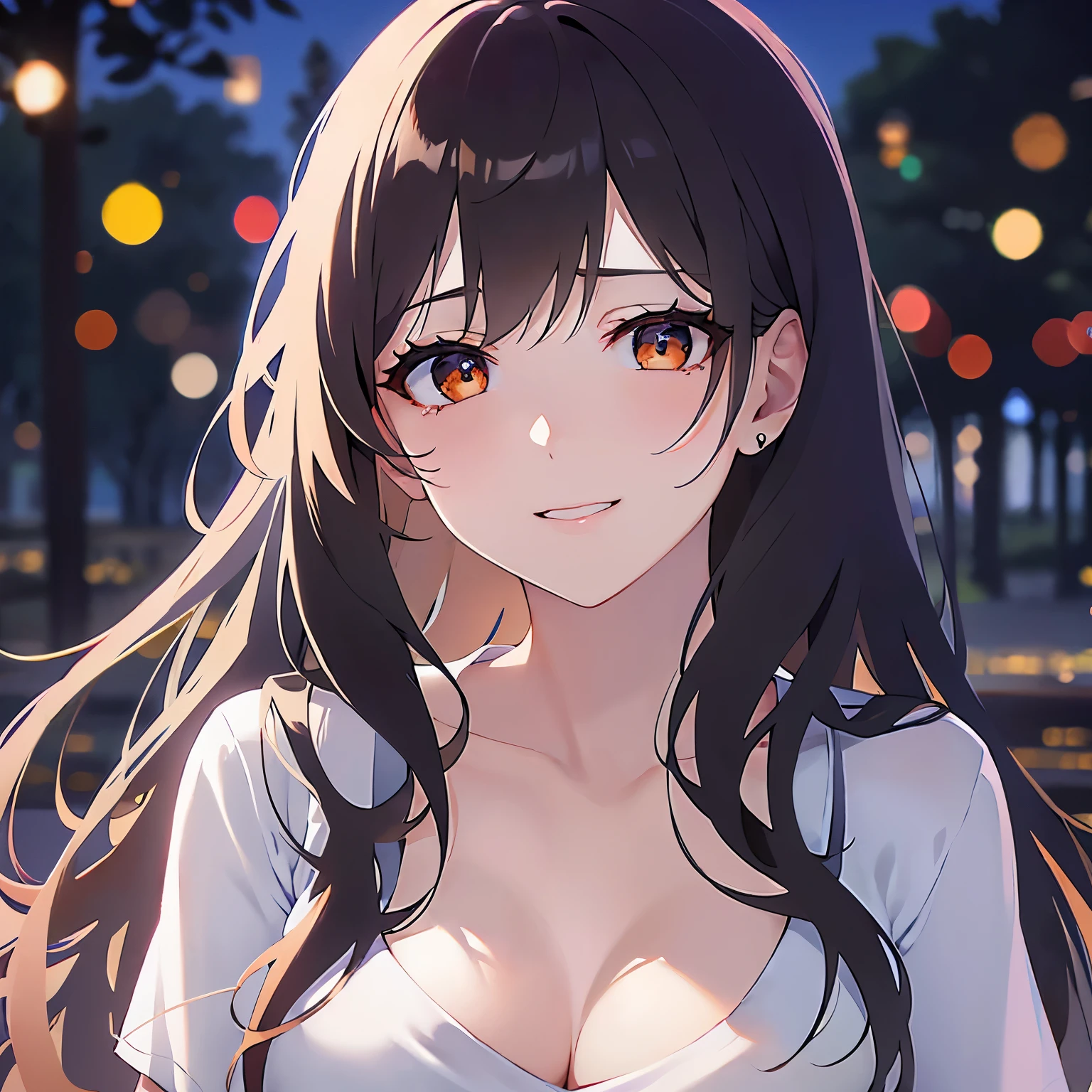 looking down,upper body, Realistic, real person, (pale skin: 1.2), RAW photo, photorealistic, shiny skin, shiny hair、 (A 25-year-old woman with medium-length hair and bangs) and (wavy hair) and (brown hair) and (Orange Eyes)、(white) and (T-shirt:1.5) and (v neck:1.5) 、(Cleavage:1.5)、 (sad:1.5),smile,(Midnight in the Park:1.5)、(Night Sky:1.5)