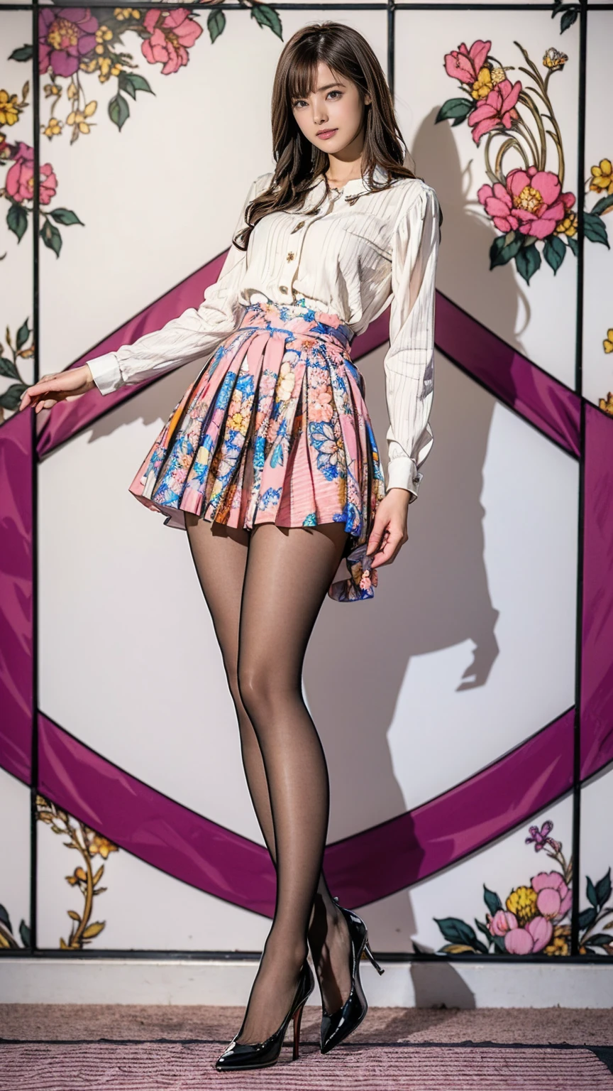 ((masterpiece)),(((Highest quality))),Thin thighs,Long legs,whole body:1.5,(One Girl:1.3),(Black pantyhose and thick pointy heels:1.3),(Wearing a mid-length flared skirt dress with a floral stripe pattern:1.2),Short blonde:1.2、Good pose:1.5
