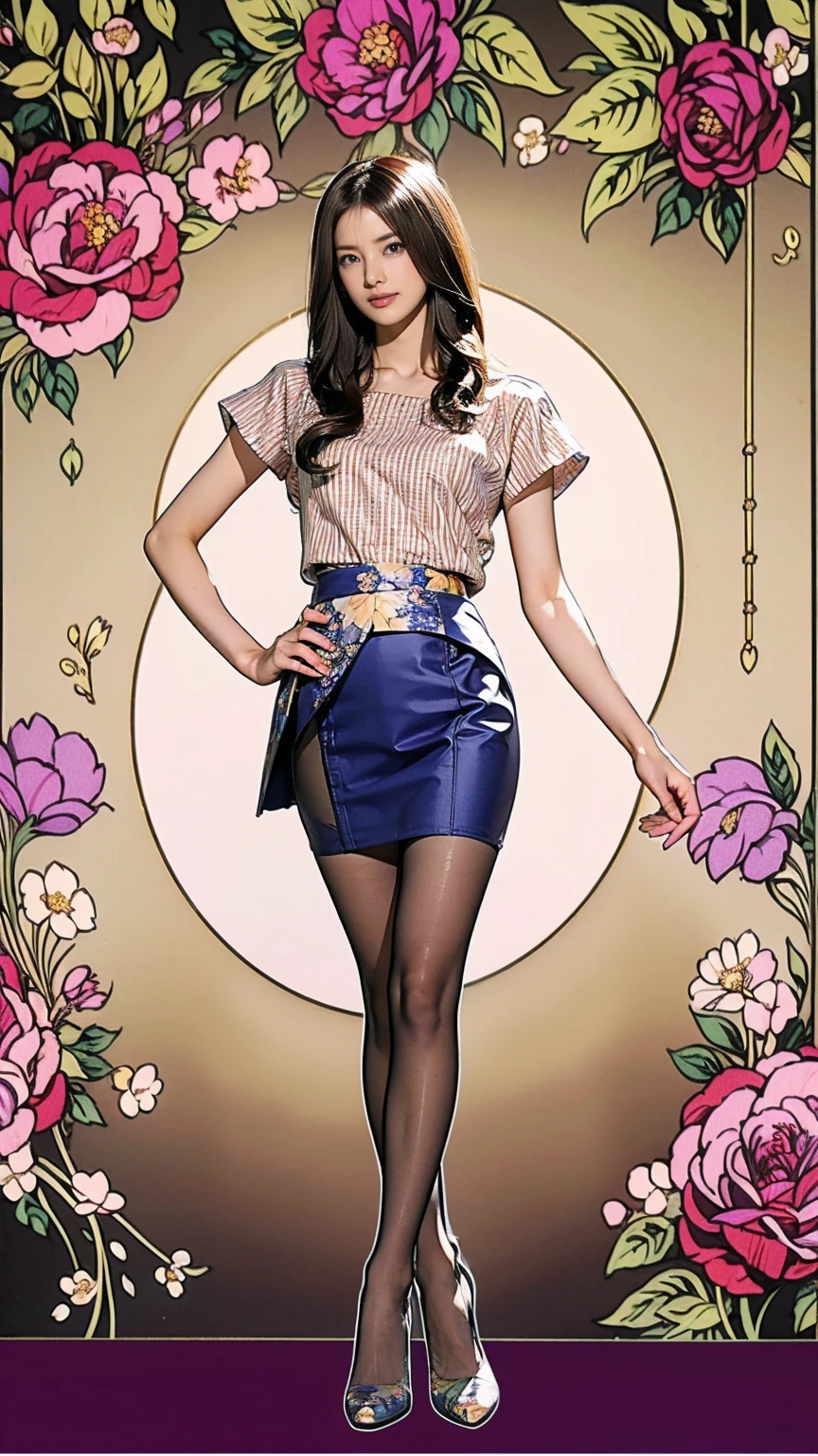 ((masterpiece)),(((Highest quality))),Thin thighs,Long legs,whole body:1.5,(One Girl:1.3),(Black pantyhose and thick pointy heels:1.3),(Wearing a mid-length flared skirt dress with a floral stripe pattern:1.2),Short blonde:1.2、Good pose:1.5