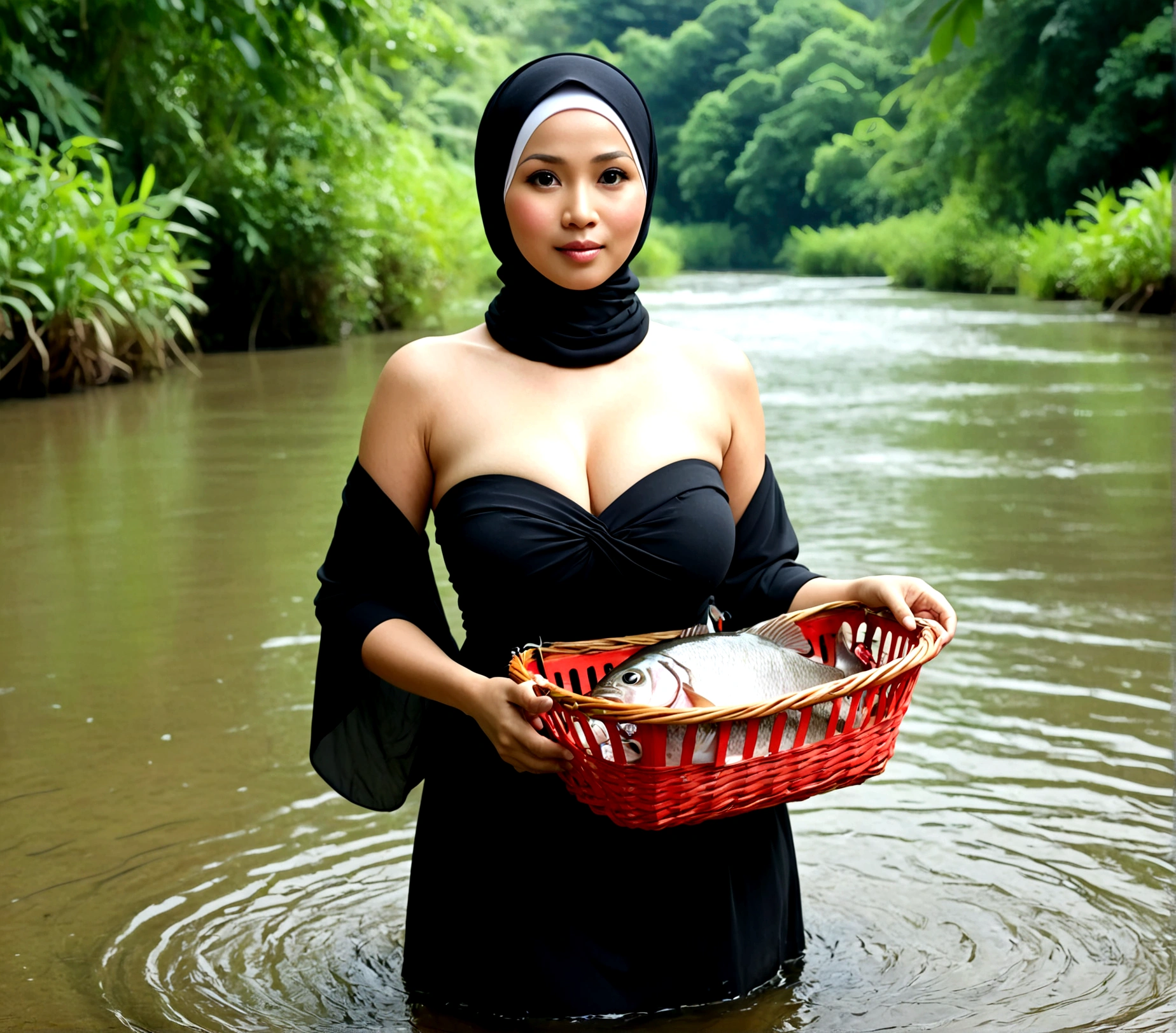Malaysian woman (age 40, hijab no hair showing, cute face, strapless dress barely covering breasts, enormous breasts, a little fat, giga breasts), embarrassed, in a large stream, fishing using a basket when dress came lose and fish thrashing in basket, show all of her