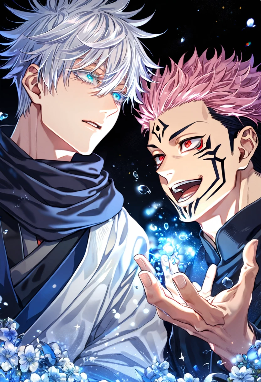 absurdres, highres, ultra detailed, HDR, master piece, best quality, extremely detailed, Ryoumen Sukuna, pink hair, expressive red eyes, Jujutsu Kaisen, Gojou Satoru, white hair, expressive blue eyes, two sexy men together, yaoi, gay couple, handsome, white haori, black scarf, black kimono, fantasy, magic, water, sparkling, blue glittering fireflies, blue moon, blue blossoms, blue flowers, blue sparkling lights, starry sky