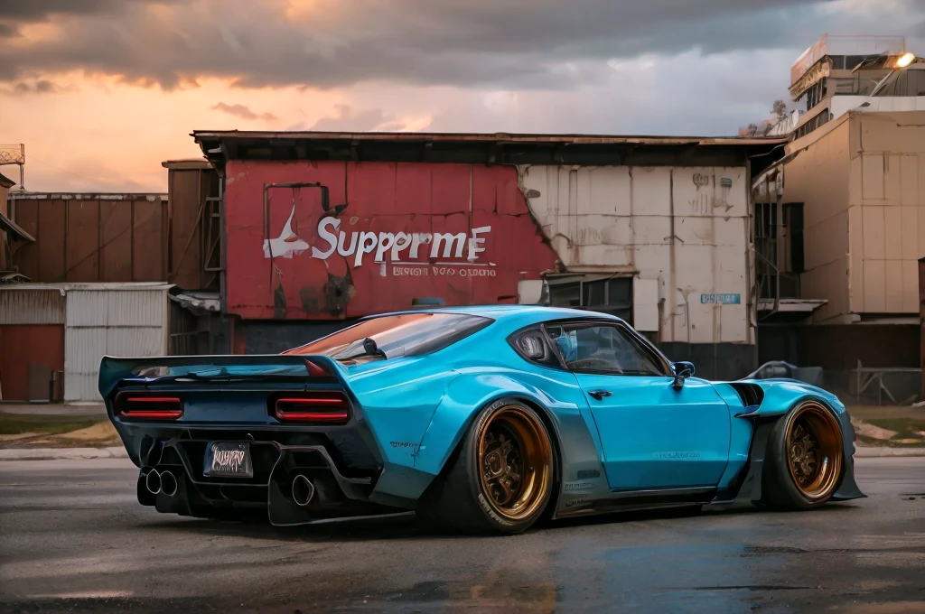 Supercar-forza game ready design, wide body, custom design build, cinematic, wide angle, studio light, tactical bodywork for supreme aerodynamics, (dirt neon grungy pink), broody and atmospheric, ominous sky, low light, vivid and gritty, retro futuristic sci-fi influences 