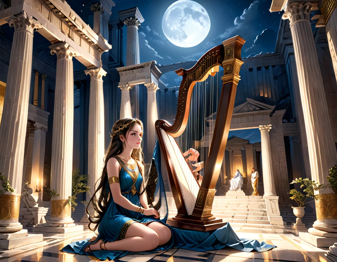 a young priestess, sitting, she places a harp larger than herself in front of him and plays it, playing a large lyre, ancient Greek temple, late at night, inside the temple it is (dark:1.3) and there is (no lighting:1.2), the moonlight shines in at an angle, shining a faint light on her., highly detailed, photorealistic, realistic lighting, intricate architecture, ornate decorations, cool color palette, golden accents, soft fabric textures, mesmerizing expression, elegant pose, cinematic composition, natural lighting, realistic shadows, mystical atmosphere, hyperrealistic, award-winning art