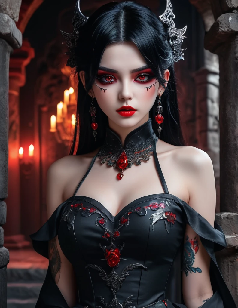 quality(8k wallpaper of extremely detailed CG unit, ​masterpiece, hight resolution, top-quality, top-quality real texture skin,hyper realisitic, digitial painting,increase the resolution,RAW photos，best qualtiy,highly detailed,the wallpaper),BREAK,8K, anime -style art , full body , mixed color eyes,  black makeup, very white skin, metalic black hair long,  jewelry, tattoos, toxic mask , red eyes, black dress, dark background, standing in middle of dark ancient castle , shoot from rare 