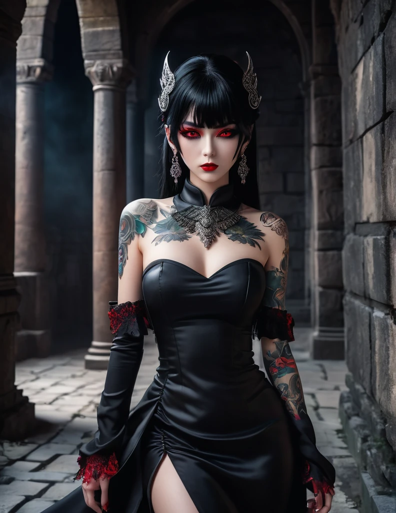 quality(8k wallpaper of extremely detailed CG unit, ​masterpiece, hight resolution, top-quality, top-quality real texture skin,hyper realisitic, digitial painting,increase the resolution,RAW photos，best qualtiy,highly detailed,the wallpaper),BREAK,8K, anime -style art , full body , mixed color eyes,  black makeup, very white skin, metalic black hair long,  jewelry, tattoos, toxic mask , red eyes, black dress, dark background, standing in middle of dark ancient castle , shoot from rare 