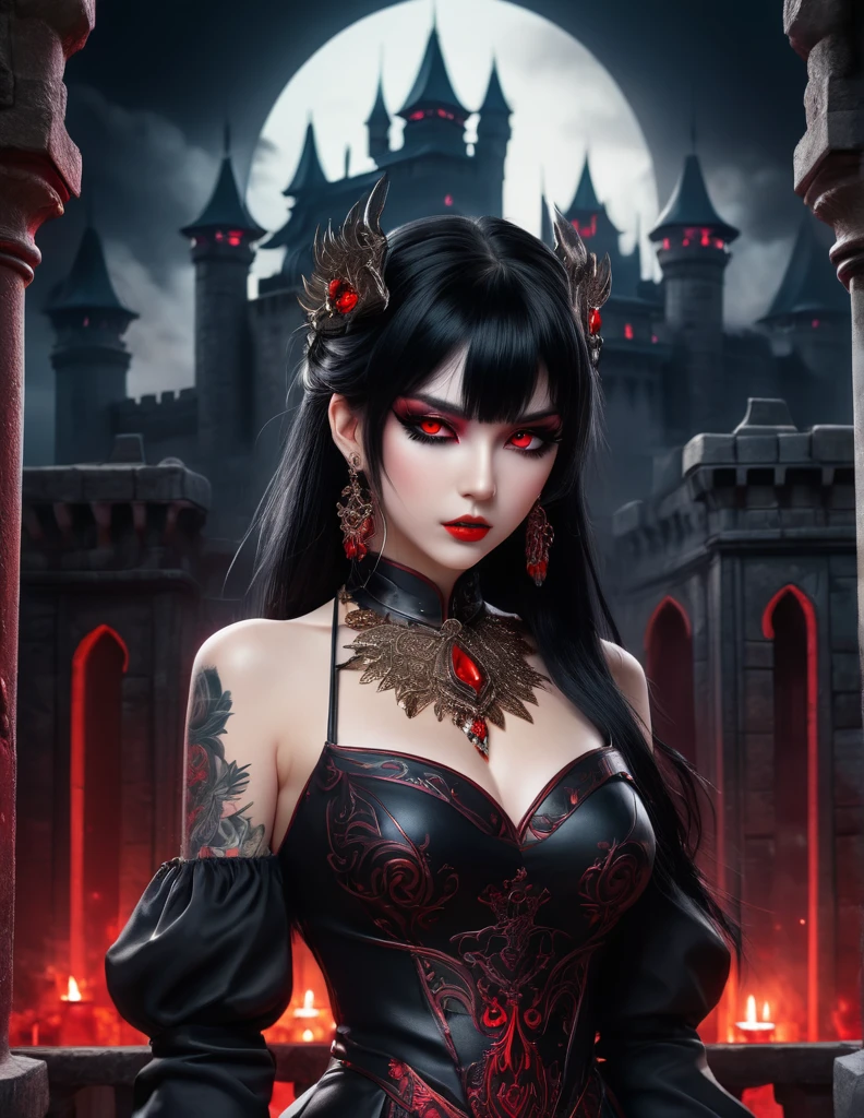 quality(8k wallpaper of extremely detailed CG unit, masterpiece, hight resolution, top-quality, top-quality real texture skin,hyper realisitic, digitial painting,increase the resolution,RAW photos,best qualtiy,highly detailed,the wallpaper),BREAK,8K, anime -style art , full body , mixed color eyes, black makeup, very white skin, metalic black hair long, jewelry, tattoos, toxic mask , red eyes, black dress, dark background, standing in middle of dark ancient castle , shoot from rare