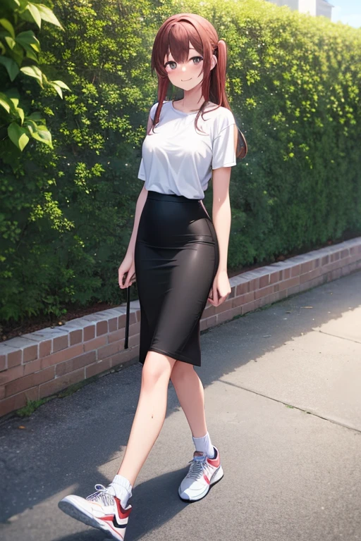 1girl, woman walking, wearing white t-shirt tied, tight black midi pencil skirt, long length skirt, sneakers, socks, outdoors, garden, summer, sweat, long brown hair, looking at viewer, full body, smile, blush, wearing sweatband
