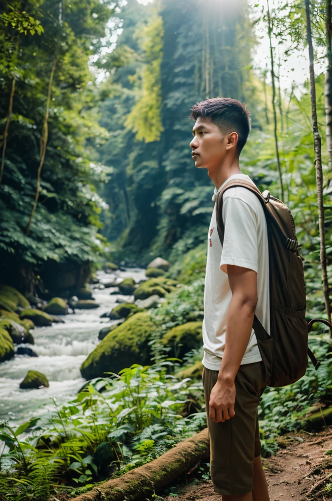 Full body cinematic portrait of Indonesian man, 30 years old, clean face, wearing white t-shirt, brown hoodie jacket and camping bag and boots, walking in the forest with a photo camera, outdoor photographer, green forest background with waterfall and river, professional photography, advertising shooting, portrait from the side, realistic, with a sunset atmosphere.
