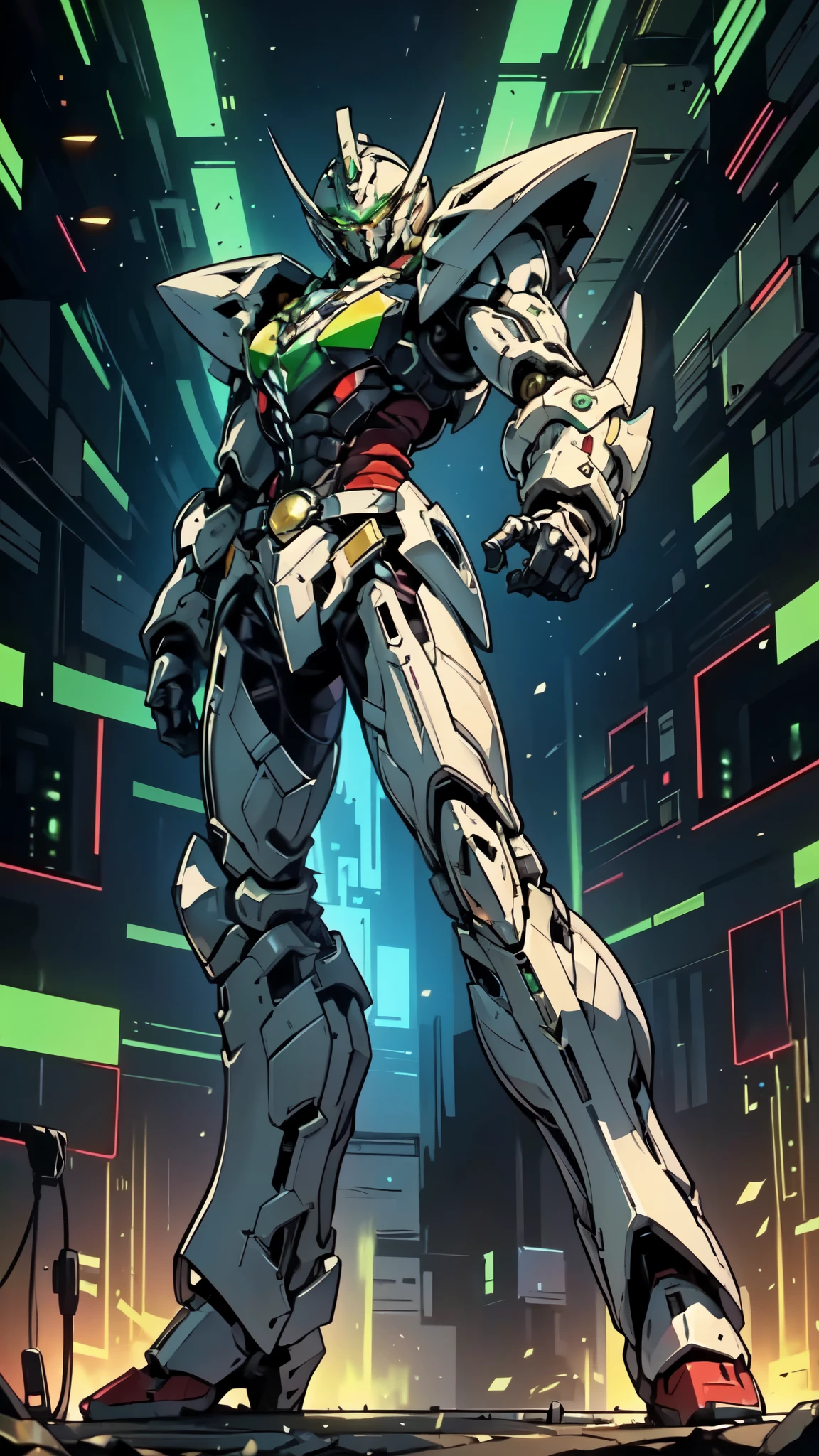 (masterpiece:1.5, best quality:1.5, extremely delicate:1.5, perspective:1.5, foreshortening:1.5, dynamic angle:1.5), a man wearing a full-face helmet, a fantasy-style biotech armored combat suit, green eyes, (a composite layered chest armor), fully enclosed shoulder guards, matching arm and leg guards, the belt is adorned with neon circuitry, (the color scheme is primarily black glow with green and red accents), the design balances heavy with agility, a high-tech bio-mecha armor, (Armor Concept Inspired by neon Cyberpunk, stand on the top of a skyscraper in a futuristic sci-fi city), this character embodies a finely crafted fantasy-surreal style armored hero in anime style, exquisite and mature manga art style, (battle damage, element, plasma, energy, the armor glows), ((male:1.5)), metallic, high definition, highres, ultra-detailed, ultra-fine painting, professional, perfect body proportions, golden ratio, anatomically correct, symmetrical face, extremely detailed eyes and face, high quality eyes, creativity, RAW photo, UHD, 32k, Natural light, cinematic lighting, masterpiece-anatomy-perfect