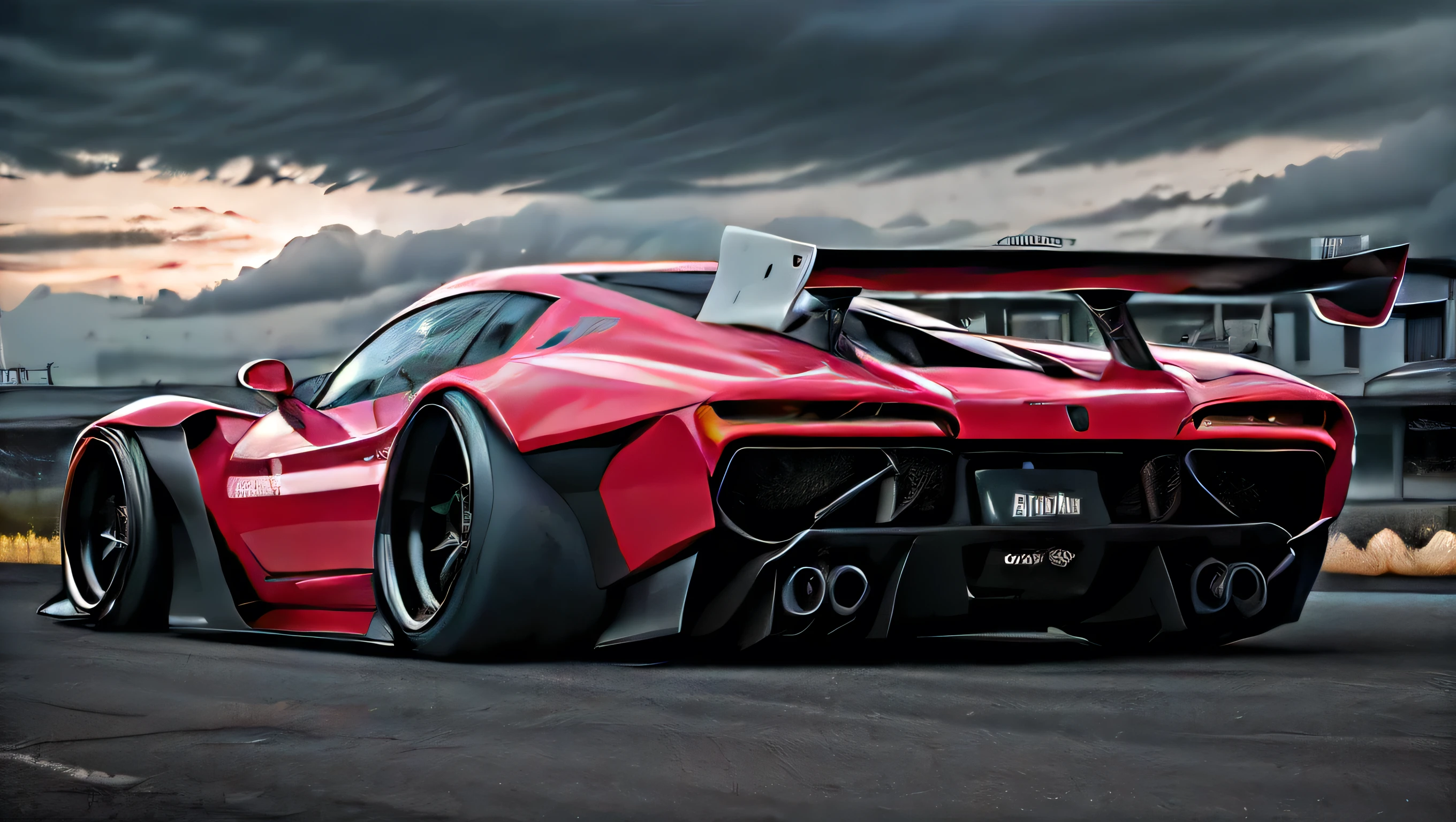 Supercar-forza game ready design, wide body, custom design build, cinematic, wide angle, studio light, tactical bodywork for supreme aerodynamics, (dirt neon grungy pink), broody and atmospheric, ominous sky, low light, vivid and gritty, retro futuristic sci-fi influences 