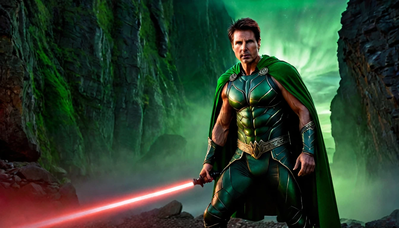 Medieval warrior man, green armor, super muscular body on steroids, Tom Cruise face, ((green light flashlight in hand), (green colored cape), (at night), black pointed cliffs in the background, red fog, dark fantasy image, ethereal atmosphere, cinematic lighting, photorealistic, (best quality, 8k, high resolution, masterpiece: 1.2), ultra detailed, realistic, photorealistic: 1.37, spectacular lighting, moody, fantasy, concept art