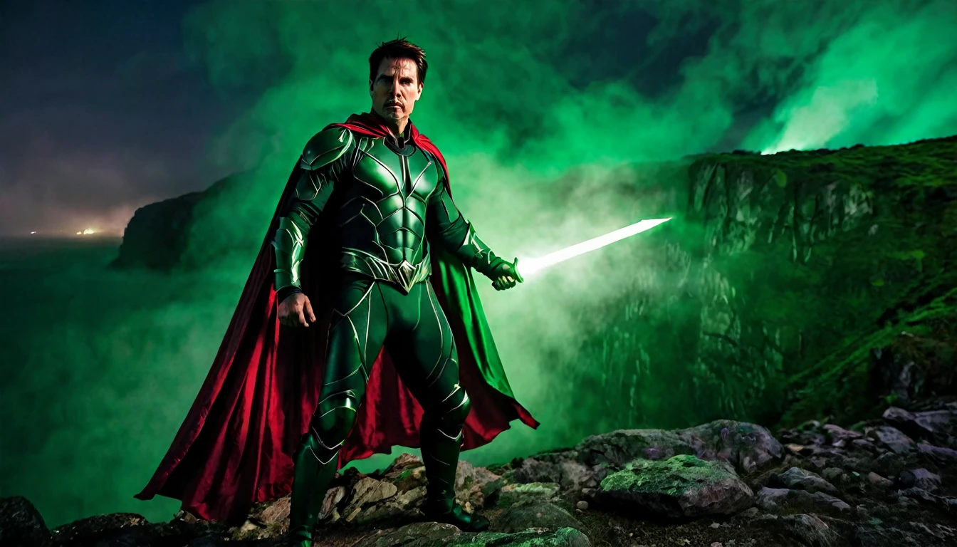 Medieval warrior man, green armor, super muscular body on steroids, Tom Cruise face, ((green light flashlight in hand), (green colored cape), (at night), black pointed cliffs in the background, red fog, dark fantasy image, ethereal atmosphere, cinematic lighting, photorealistic, (best quality, 8k, high resolution, masterpiece: 1.2), ultra detailed, realistic, photorealistic: 1.37, spectacular lighting, moody, fantasy, concept art