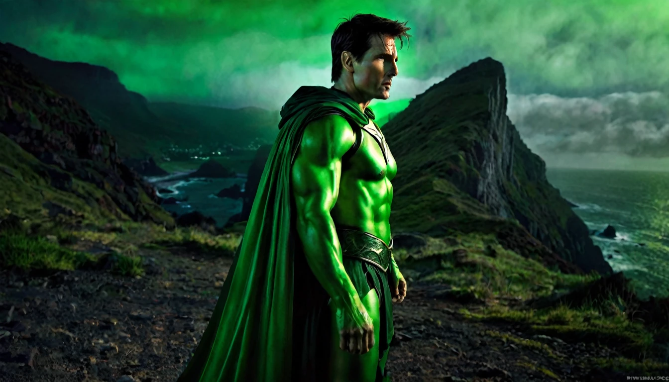 Medieval warrior man, green armor, super muscular body on steroids, Tom Cruise face, ((green light flashlight in hand), (green colored cape), (at night), black pointed cliffs in the background, red fog, dark fantasy image, ethereal atmosphere, cinematic lighting, photorealistic, (best quality, 8k, high resolution, masterpiece: 1.2), ultra detailed, realistic, photorealistic: 1.37, spectacular lighting, moody, fantasy, concept art