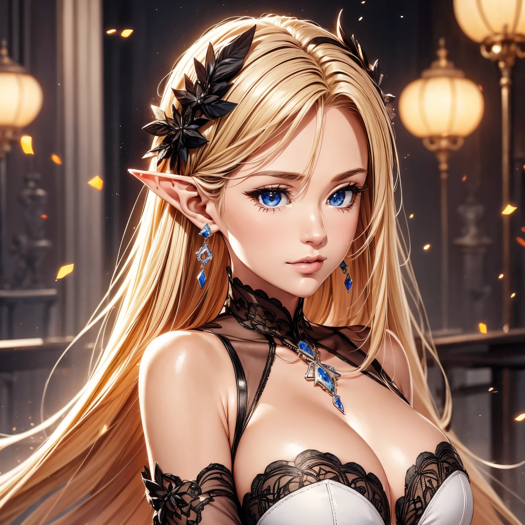 1 girl, Beautiful elf lady, begie blonde Long straight hair, upturn elf pointy ears, sexy figure, perfect breast, charming cleavage, very beautiful face, detailed face, delicate eyes, detailed pupil, beautiful and delicate lips, pale skin, Serious, arrogant, absurd, White gorgeous detailed dress, royalties, celebration, elegant, Noble, Bare shoulders, small crystal earrings, hand drawn animation, high detailed, palace banquet hall, symmetrical clothes, best quality, masterpiece, Fair, Octane Render