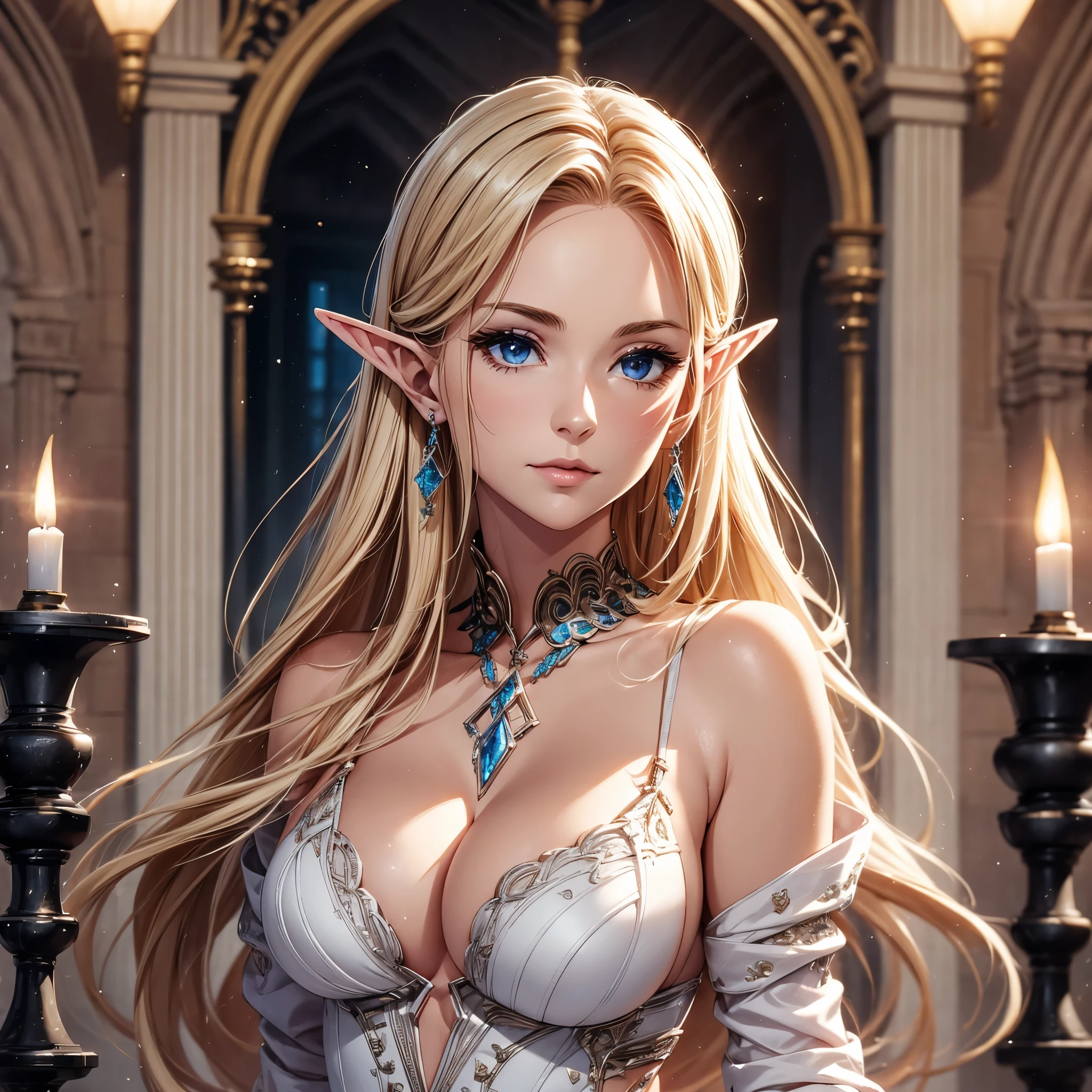 1 girl, Beautiful elf lady, begie blonde Long straight hair, upturn elf pointy ears, sexy figure, perfect breast, charming cleavage, very beautiful face, detailed face, delicate eyes, detailed pupil, beautiful and delicate lips, pale skin, Serious, arrogant, absurd, White gorgeous detailed dress, royalties, celebration, elegant, Noble, Bare shoulders, small crystal earrings, hand drawn animation, high detailed, palace banquet hall, symmetrical clothes, best quality, masterpiece, Fair, Octane Render