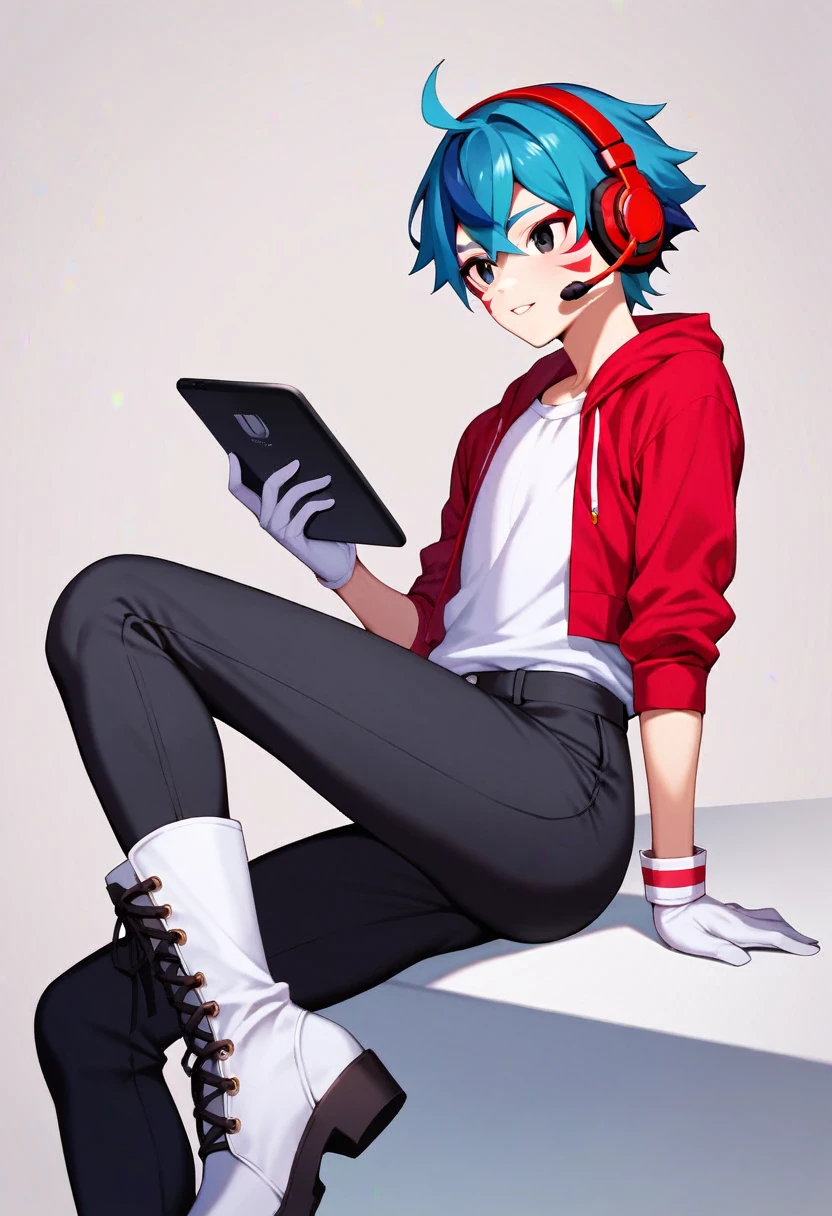 score_9, score_8_up, score_7_up, score_6_up, score_5_up, score_4_up, highest_quality, masterpiece, alien, androgynous, ambiguous gender, completely black eyes, light indigo skin, red and white clothing, white boots, black jodhpur pants, white gloves, red face markings, metal headset, no ears, four arms, energy pistol in right hand, tablet on left wrist