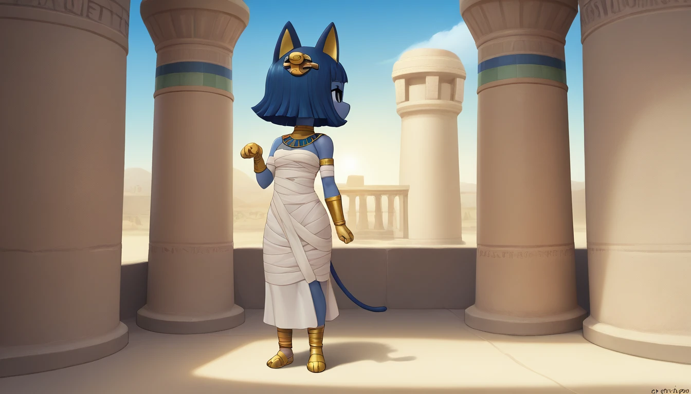 1girl，Artist Name，Egyptian cat，Blue Hair，skin，Keep your mouth shut，Wear，whole body，solo，Standing，猫Tail，Keep your mouth shut，Wear，Looking at the audience,Animal Crossing Furry, Blue Hair, Hair accessories, 黄skin, black eyes, White Dress, Tail, Egyptian Pyramids，mummy，Sunlight，sunny，(masterpiece), ((best quality), Detailed background, masterpiece, best quality, high quality, absurd, The award-winning, professional, Very detailed