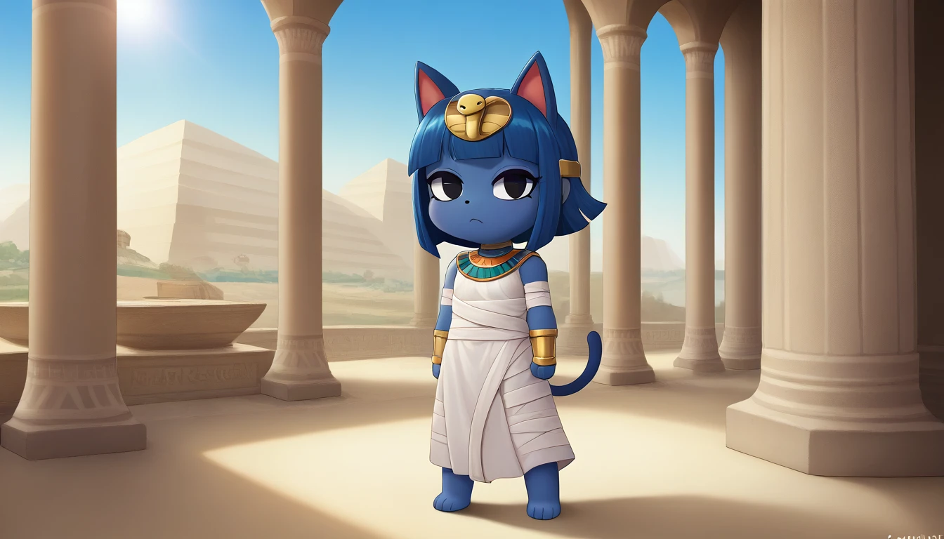 1girl，Artist Name，Egyptian cat，Blue Hair，skin，Keep your mouth shut，Wear，whole body，solo，Standing，猫Tail，Keep your mouth shut，Wear，Looking at the audience,Animal Crossing Furry, Blue Hair, Hair accessories, 黄skin, black eyes, White Dress, Tail, Egyptian Pyramids，mummy，Sunlight，sunny，(masterpiece), ((best quality), Detailed background, masterpiece, best quality, high quality, absurd, The award-winning, professional, Very detailed