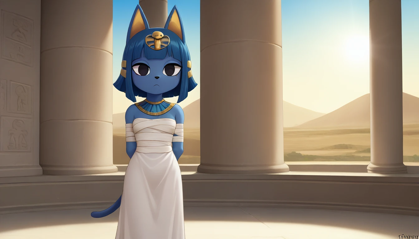 1girl，Artist Name，Egyptian cat，Blue Hair，skin，Keep your mouth shut，Wear，whole body，solo，Standing，猫Tail，Keep your mouth shut，Wear，Looking at the audience,Animal Crossing Furry, Blue Hair, Hair accessories, 黄skin, black eyes, White Dress, Tail, Egyptian Pyramids，mummy，Sunlight，sunny，(masterpiece), ((best quality), Detailed background, masterpiece, best quality, high quality, absurd, The award-winning, professional, Very detailed