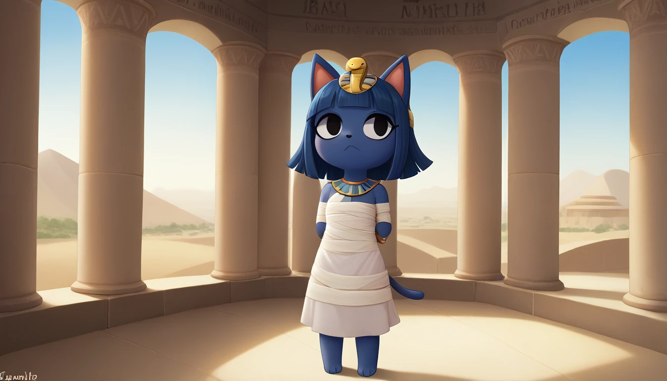 1girl，Artist Name，Egyptian cat，Blue Hair，skin，Keep your mouth shut，Wear，whole body，solo，Standing，猫Tail，Keep your mouth shut，Wear，Looking at the audience,Animal Crossing Furry, Blue Hair, Hair accessories, 黄skin, black eyes, White Dress, Tail, Egyptian Pyramids，mummy，Sunlight，sunny，(masterpiece), ((best quality), Detailed background, masterpiece, best quality, high quality, absurd, The award-winning, professional, Very detailed