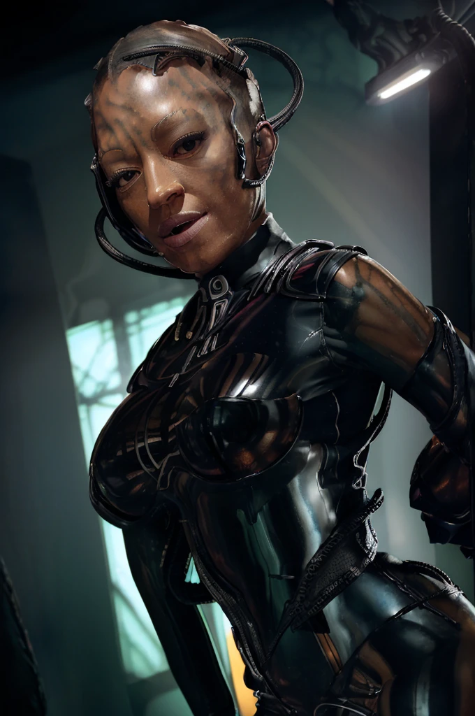 (8K, Ultra-high resolution, Top quality masterpiece, Professional detailed wallpapers, The ultimate attention to detail, Anime Images, Game CG),The perfect human body、Realistic and detailed,Nose and mouth are visible,Eyes are hidden by a mask,(((Dripping Sweat、Oilskin,Glowing Skin、Realistic skin texture、Beautiful skin in every detail、Shiny skin、Shiny skin))) big , burst, There is cleavage in the chest, Huge breasts , Very perfect anatomy body parts, Very perfect,(Full Shot: 1.8),Beautiful alien woman、 Black latex oil shiny full bodysuit、 Alien tentacle tail,Inside the spaceship,cockpit,((Beautiful Caucasian alien face close up))