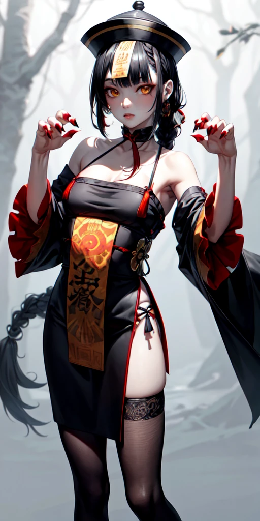 lora:flat:-1.2, masterpiece, best quality, 4k, 8k, 1 woman, solo, tall stature, long hair, blunt bangs, side braid, black hair, ugly face, bad face, bad eyes, droopy eyes, unclear eyes, ruby red eyes, lemon yellow eyes, pale skin, black eyeliner, black eye shadow, heterochromia, slender frame, sad, ofuda, jiangshi costume:1.2, fang, horror, coffin, forest, dark night, stormy weather, fog, from front, cowboy shot, look at viewer, paw pose,