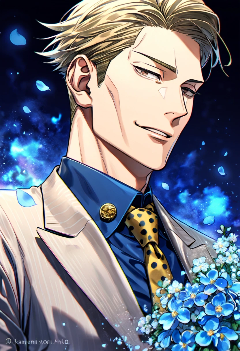 absurdres, highres, ultra detailed, HDR, master piece, Nanami Kento, blond hair, expressive brown eyes, Jujutsu Kaisen, sexy man, handsome, best quality, blue moon, forget-me-not flowers, fantasy, magical, solo, blue water, blue shining fireflies, blue petals, gray suit, blue shirt, yellow necktie, handsome smile, blue dust