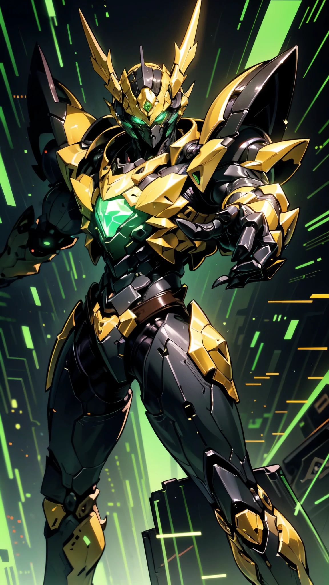 (masterpiece:1.5, best quality:1.5, extremely delicate:1.5, perspective:1.5, foreshortening:1.5, dynamic angle:1.5), a man wearing a full-face helmet, a fantasy-style biotech armored combat suit, green eyes, (a composite layered chest armor), fully enclosed shoulder guards, matching arm and leg guards, the belt is adorned with neon circuitry, (the color scheme is primarily black glow with green and red accents), the design balances heavy with agility, a high-tech bio-mecha armor, (Armor Concept Inspired by neon Cyberpunk, stand on the top of a skyscraper in a futuristic sci-fi city), this character embodies a finely crafted fantasy-surreal style armored hero in anime style, exquisite and mature manga art style, (battle damage, element, plasma, energy, the armor glows), ((male:1.5)), metallic, high definition, highres, ultra-detailed, ultra-fine painting, professional, perfect body proportions, golden ratio, anatomically correct, symmetrical face, extremely detailed eyes and face, high quality eyes, creativity, RAW photo, UHD, 32k, Natural light, cinematic lighting, masterpiece-anatomy-perfect